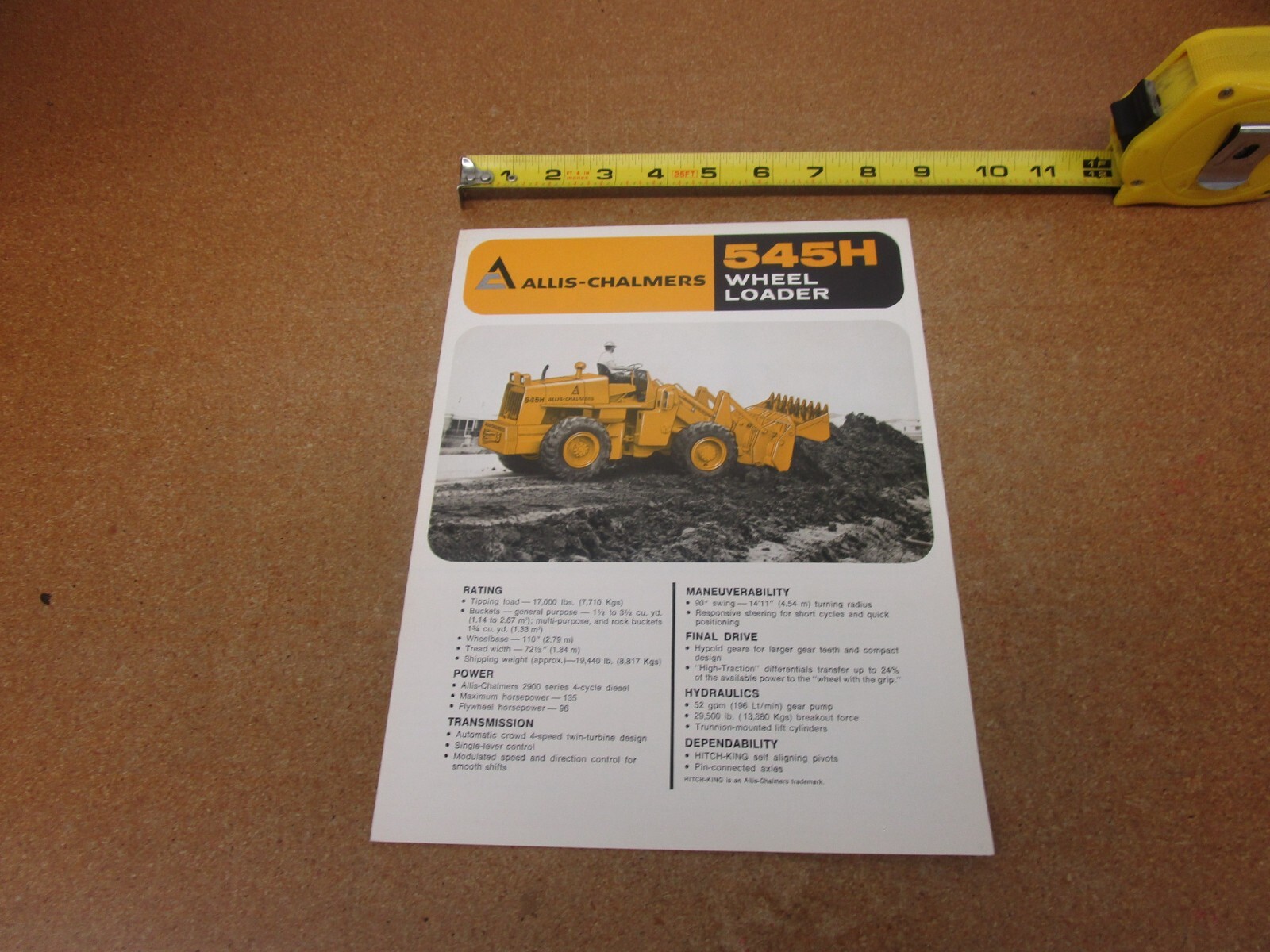 1974 Allis Chalmers Wheel Loader 545H sales brochure 4 pg folder construction