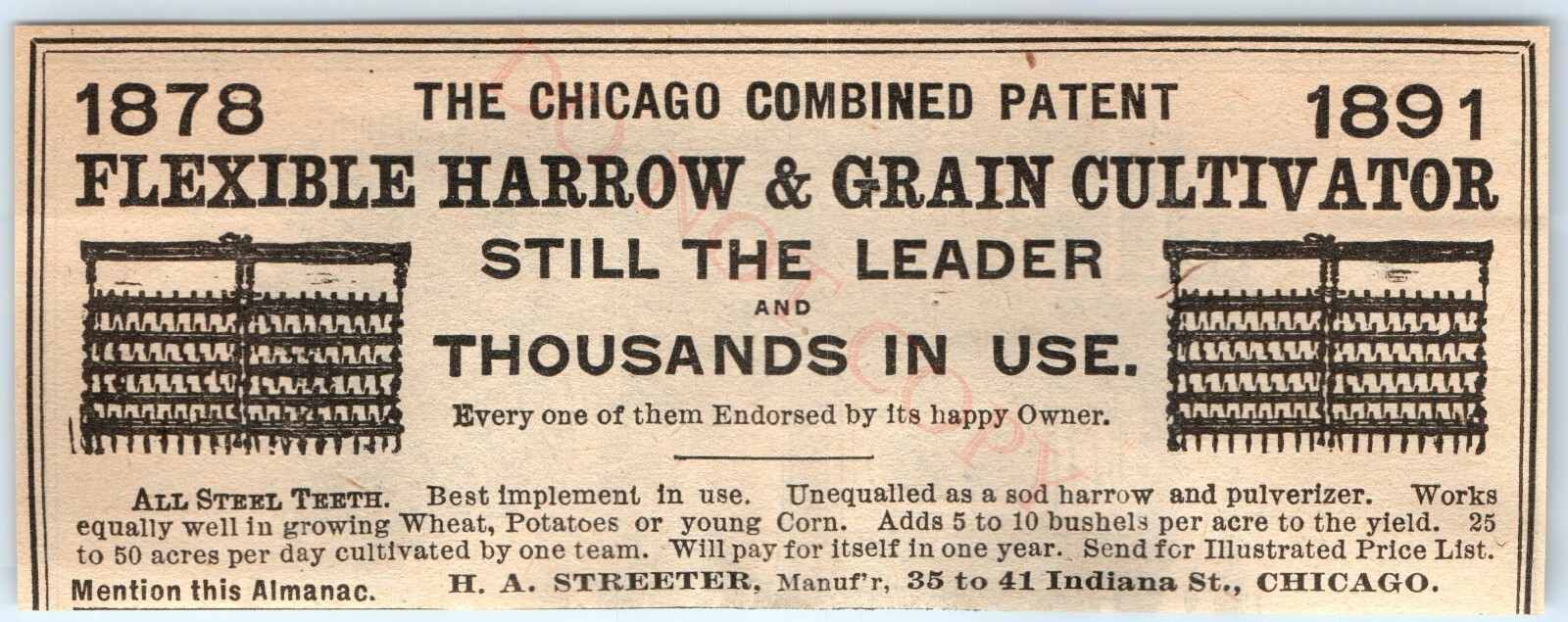 Vtg 1891 H.A. Streeter Chicago IL Flexible Harrow Cultivator Print Ad Farm Tool