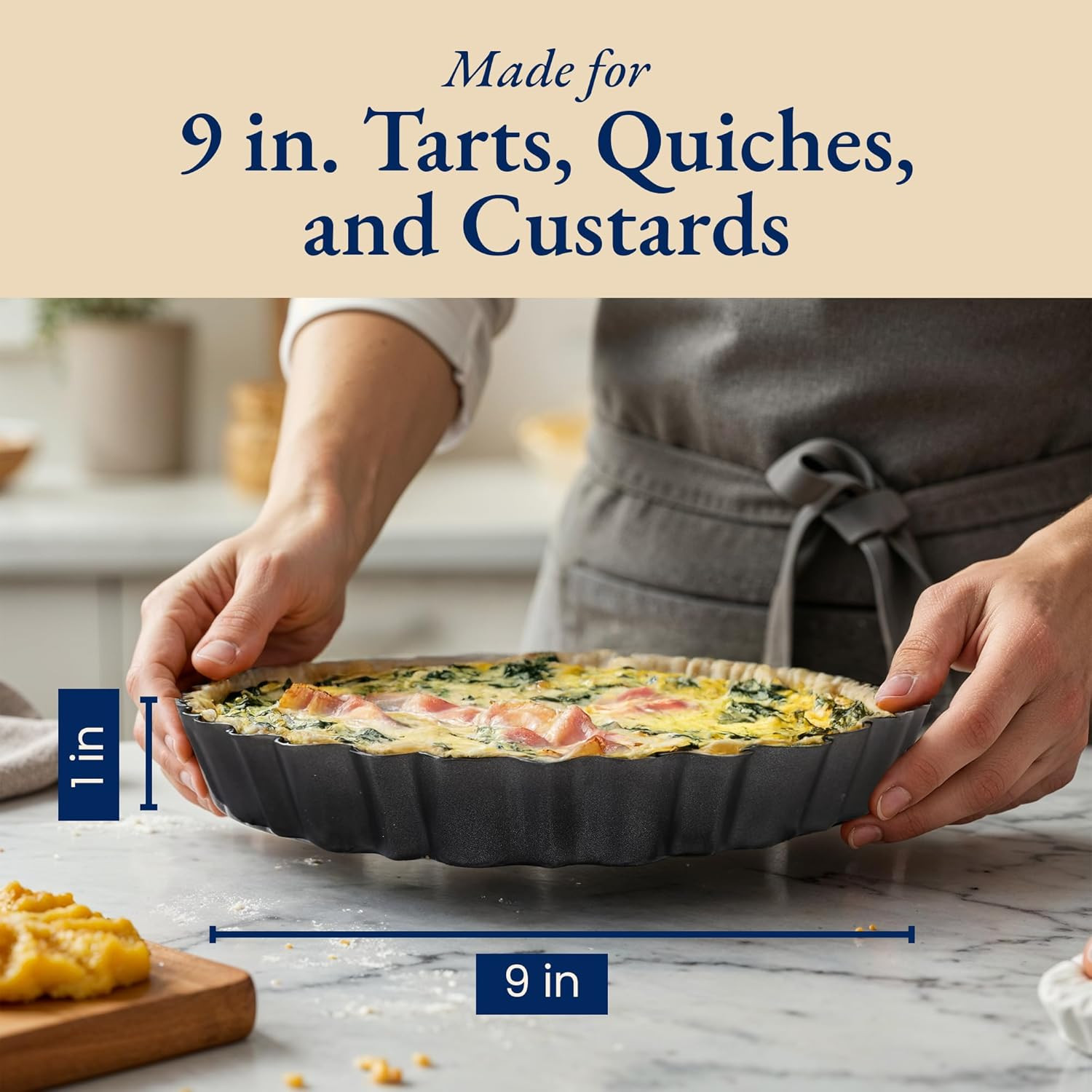 Fluted Tart Pan 9 Inch Removable Bottom with Patented Silicone Crust Shaper | No
