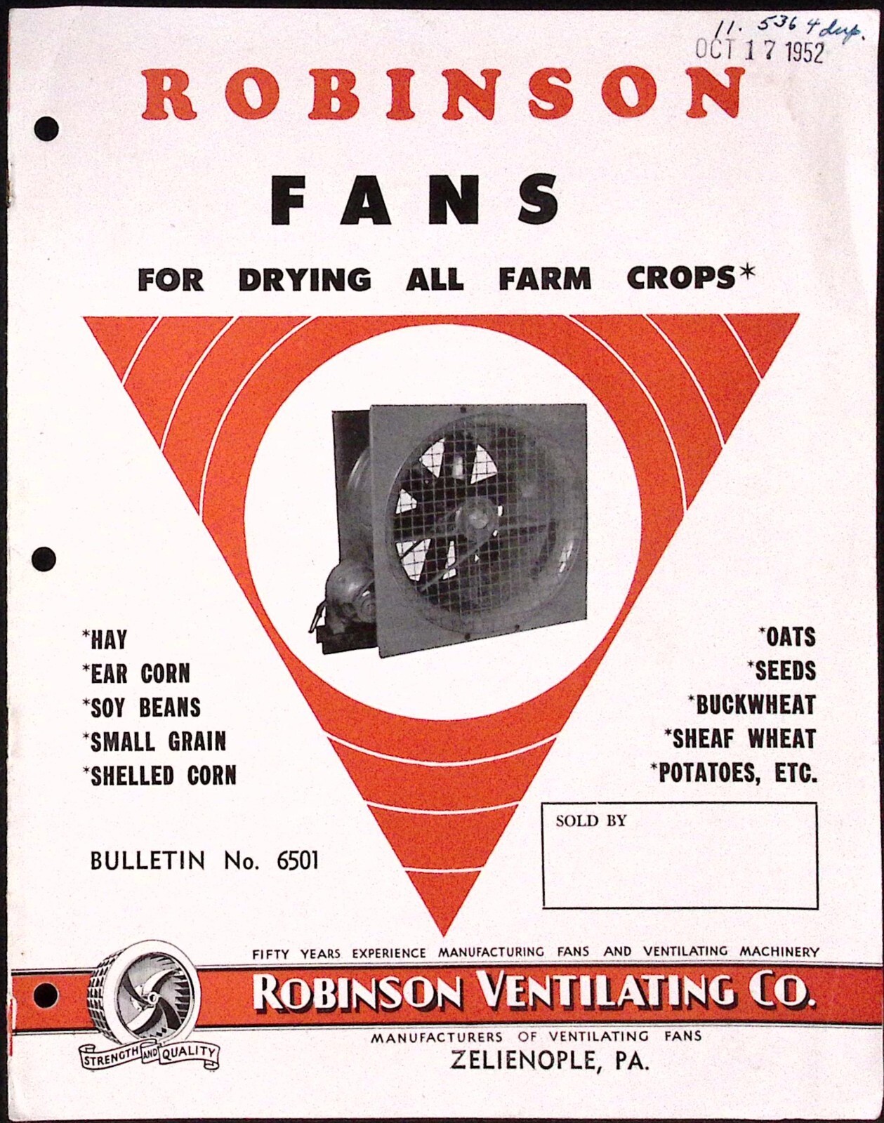 1952 Robinson Ventilating Co Fans for Drying Farm Crops Dealer Brochure