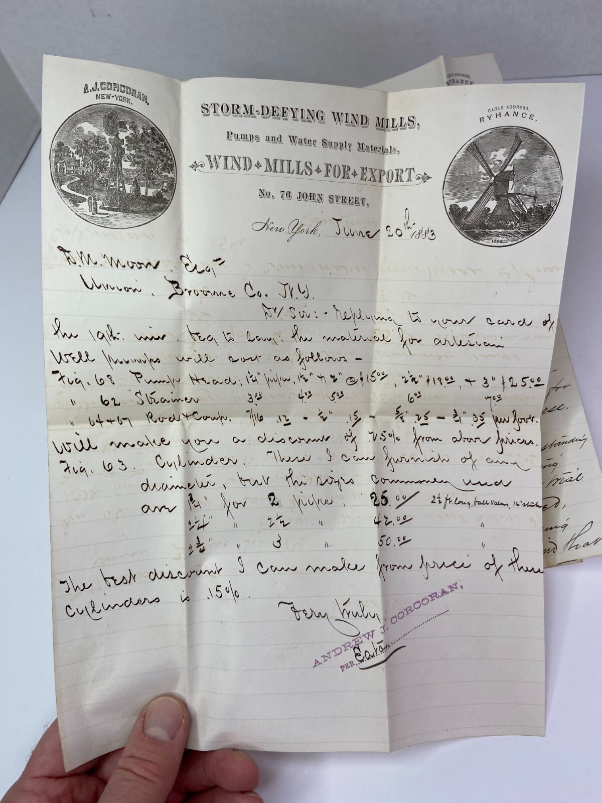 RARE ARCHIVE Letters EPHEMERA Billheads etc – Andrew Corcoran Wind Mills NY 1883