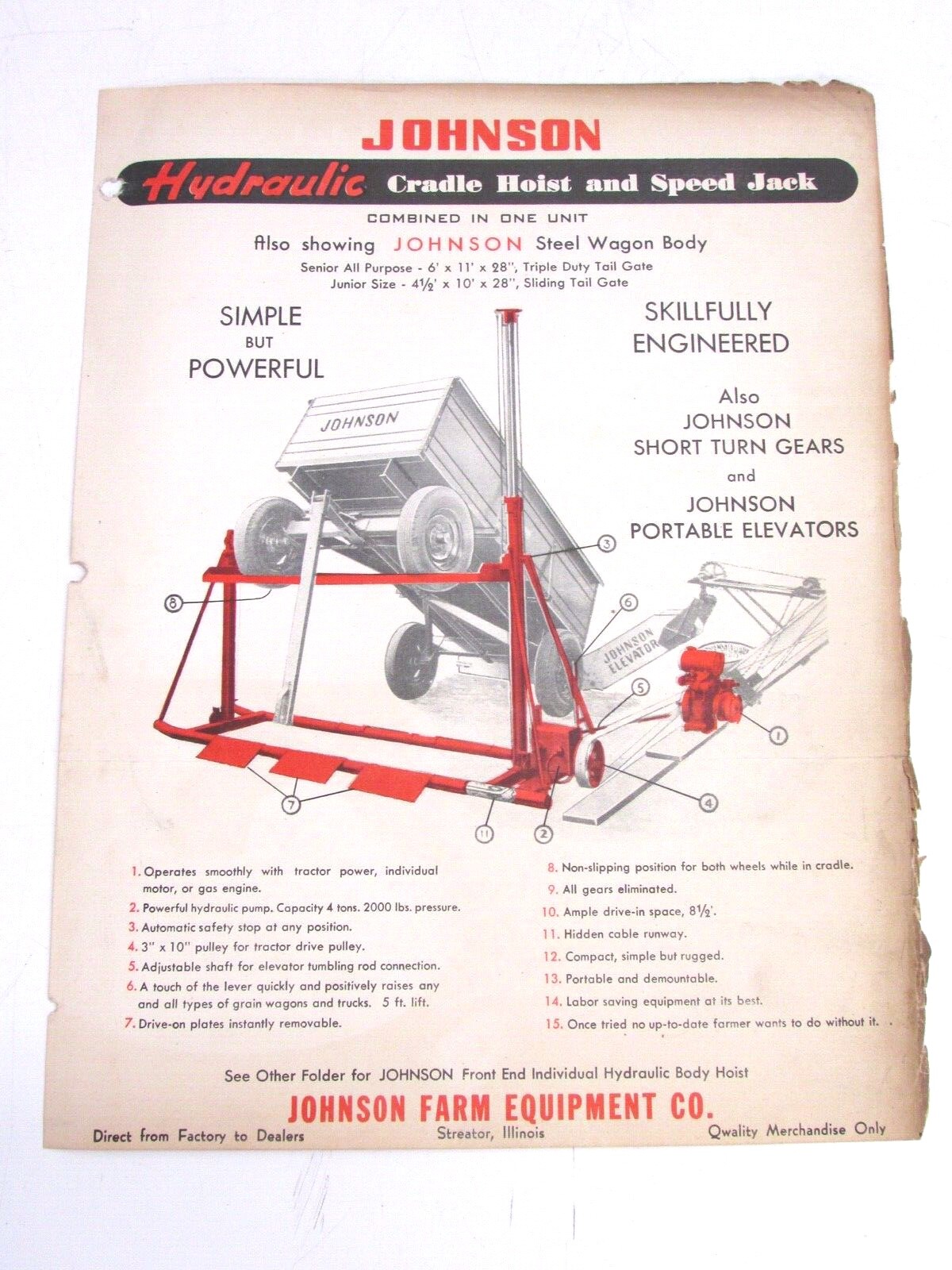 VINTAGE JOHNSON HYDRAULIC CRADLE HOIST & SPEED JACK BROCHURE FOR WAGON