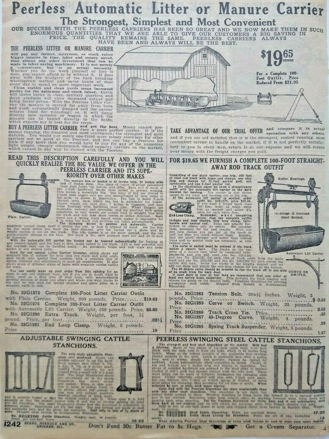 1911 Peerless Manure Carrier Farming Machinery Sears Catalog Page Vtg Print Ad