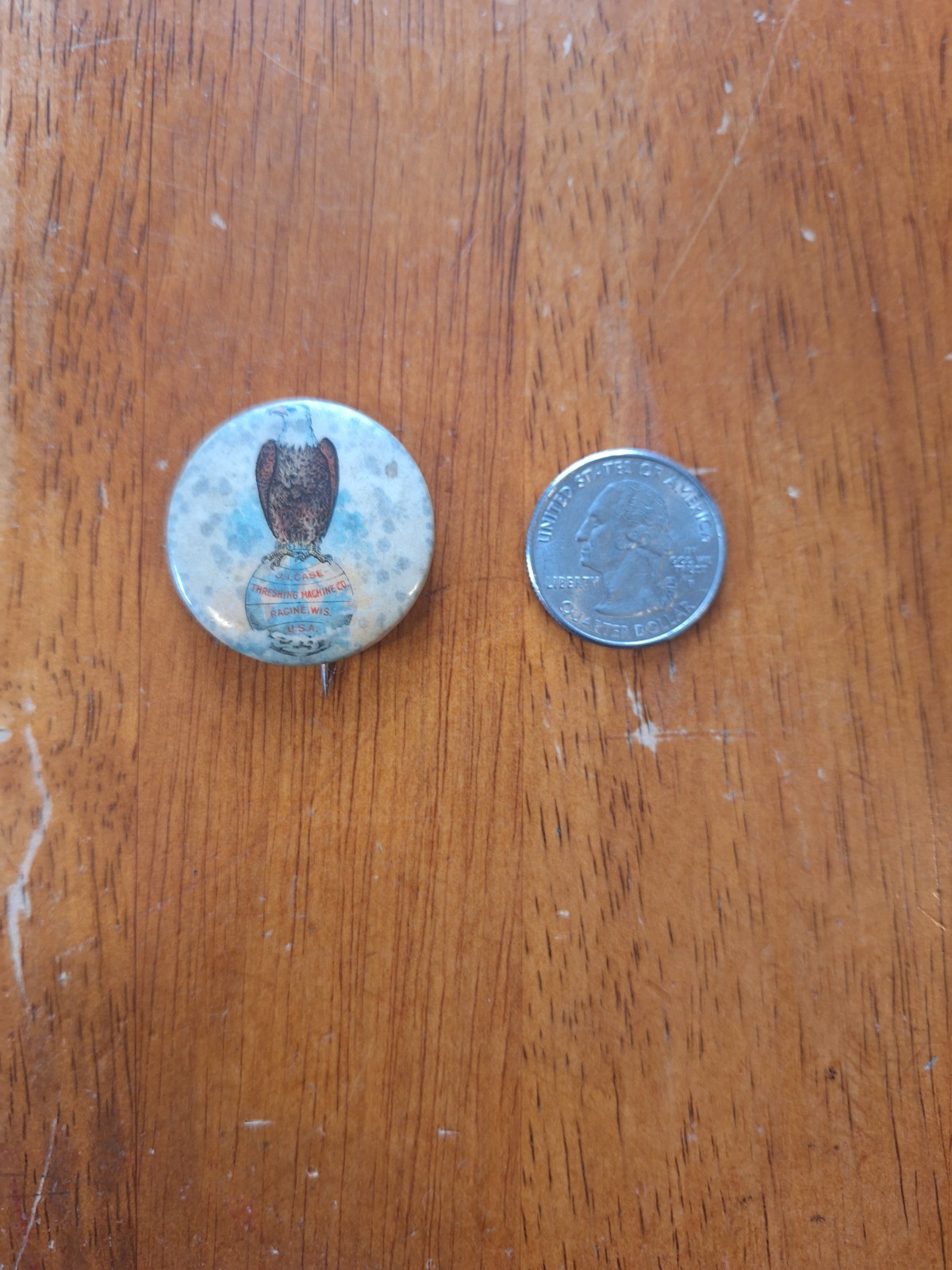 Rare Antique J.I. Case Pinback – Old Abe Eagle Globe Logo – Whitehead & Hoag