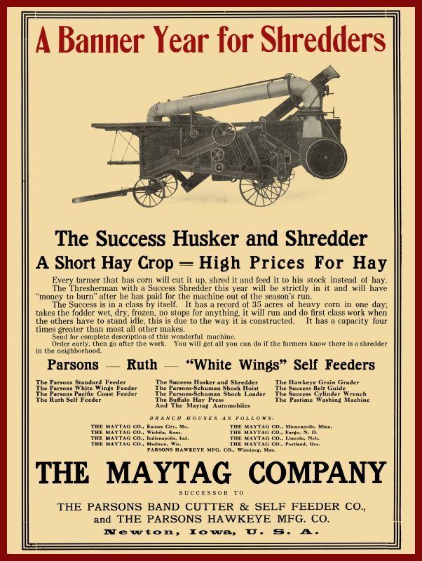 1910 Maytag Co. NEW Metal Sign: Success Husker/Shredder – Newton, Iowa