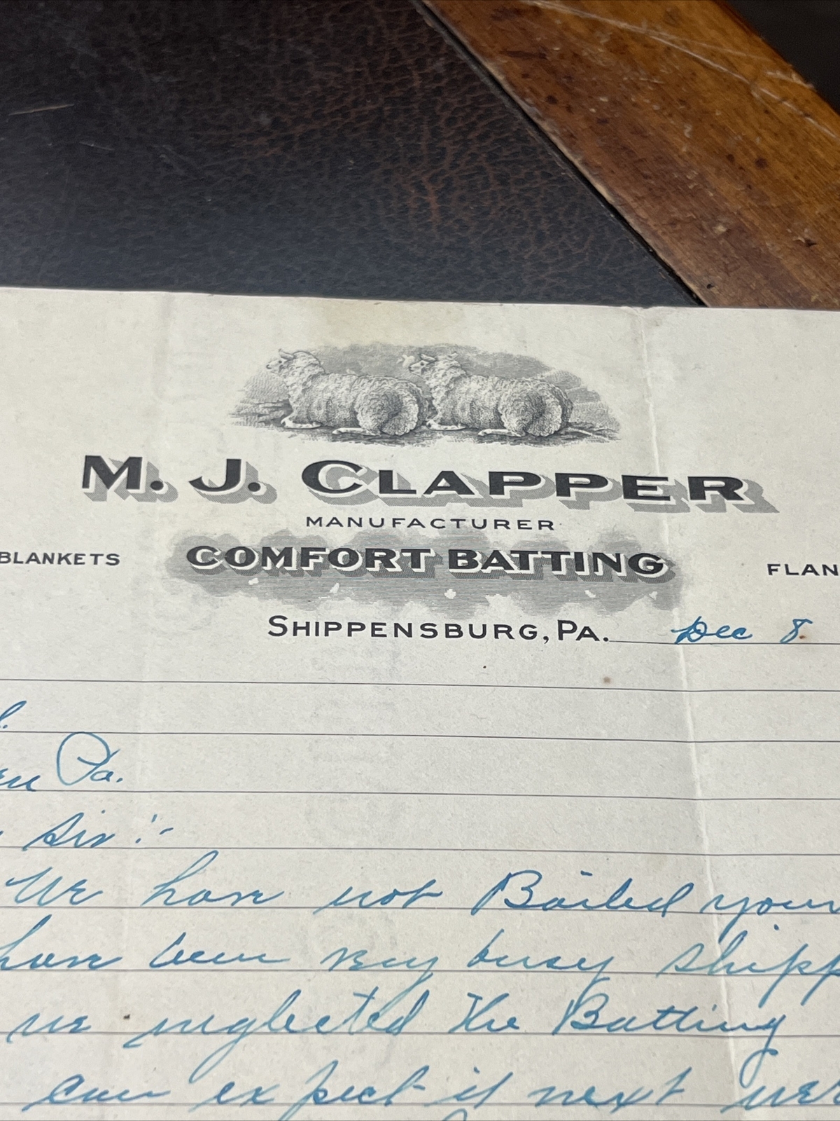 Vtg 1922 MJ Clapper Comfort Batting Letterhead Wool Sheep Blankets Shippensburg