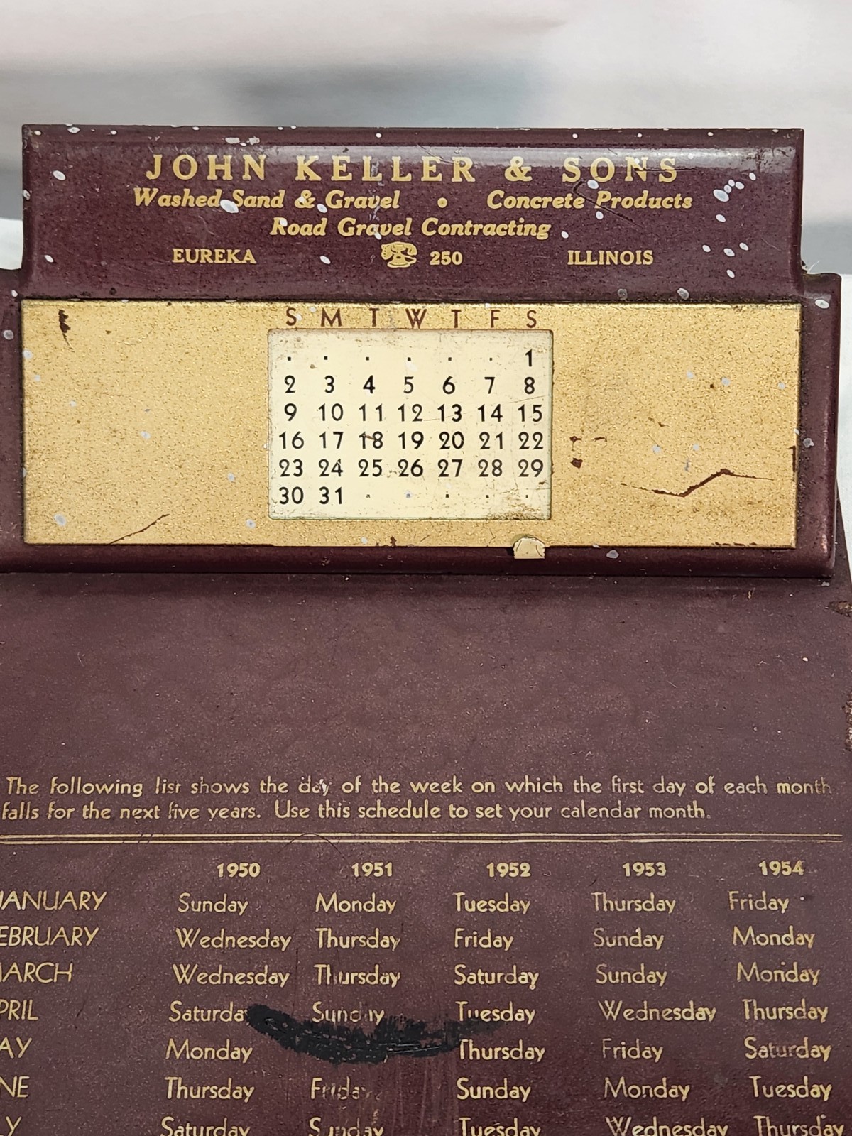 Vintage 1950 John Keller & Sons Eureka IL Perpetual Calendar Advertising Gravel