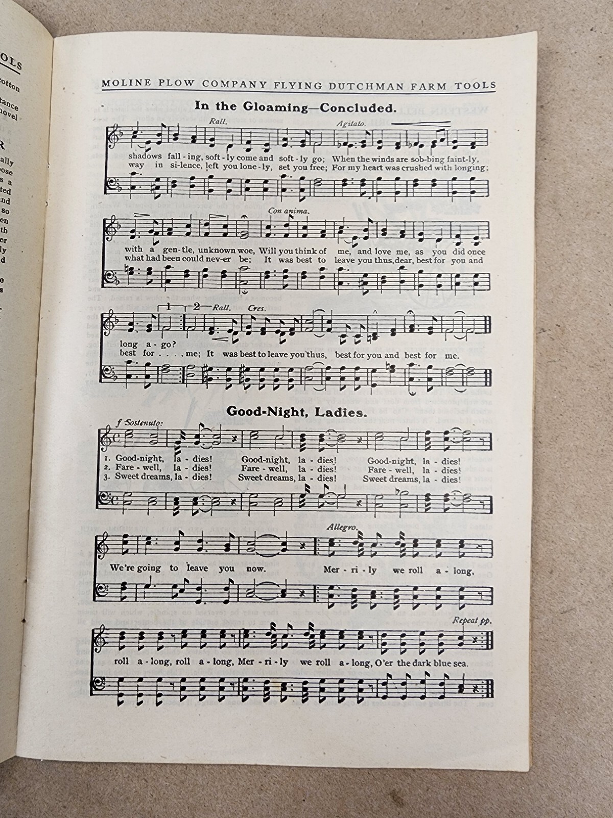 Flying Dutchman Souvenir Song Book Advertising Moline Plow Co Moline, IL