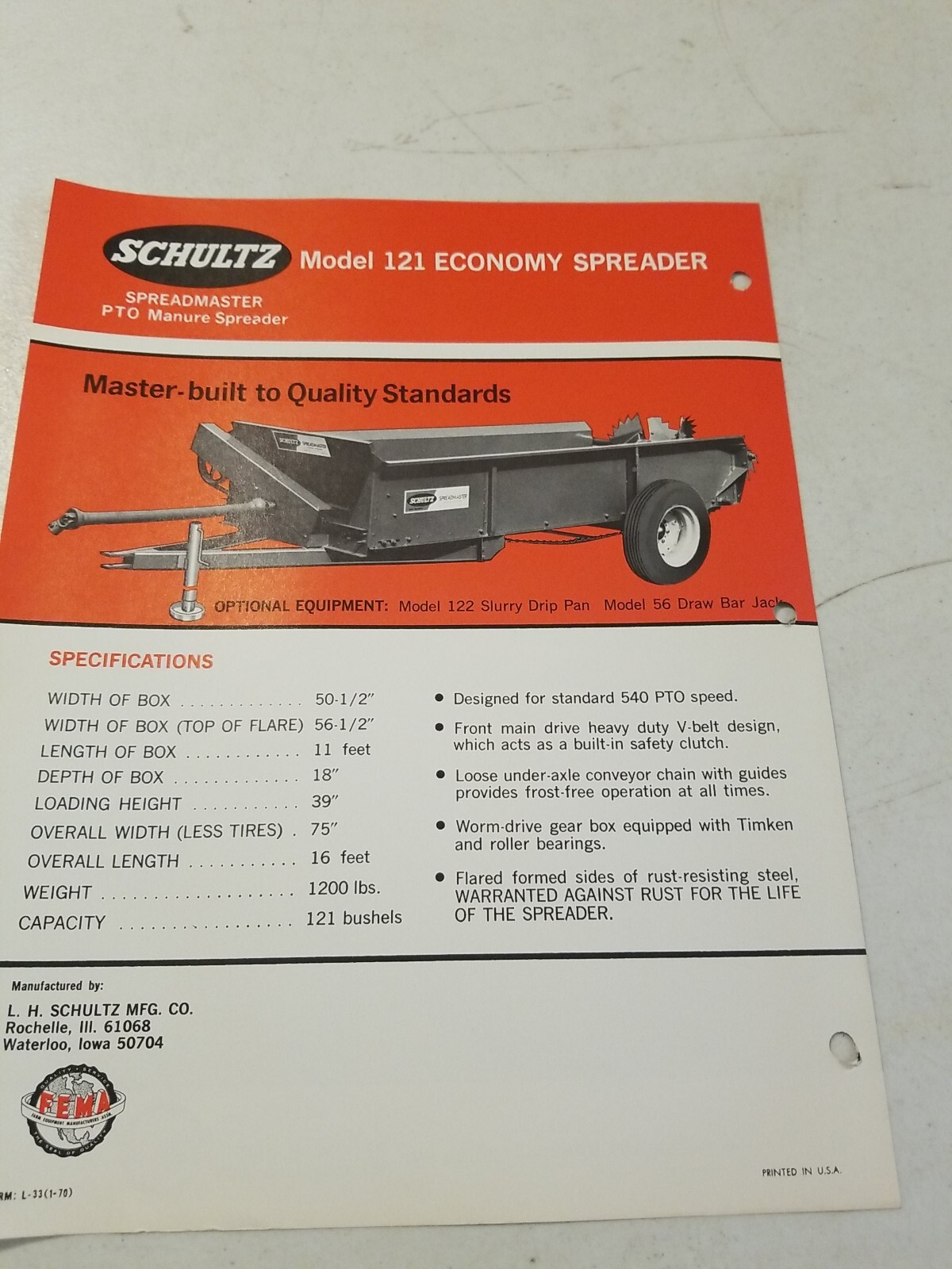Vintage 1970 L.H. SCHULTZ Mfg Co GENERAL MANURE SPREADER Model 121 Spec Sheet