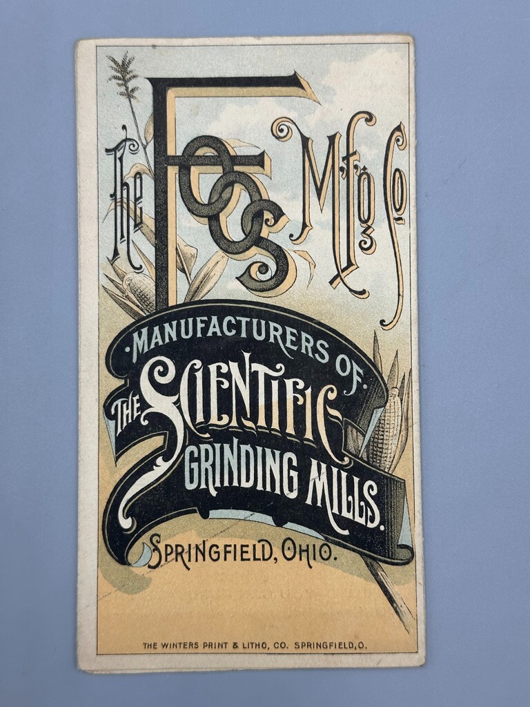1880s FOOS Mfg SCIENTIFIC MILL Farm Folding Advertise Trade Card SPRINGFIELD OH
