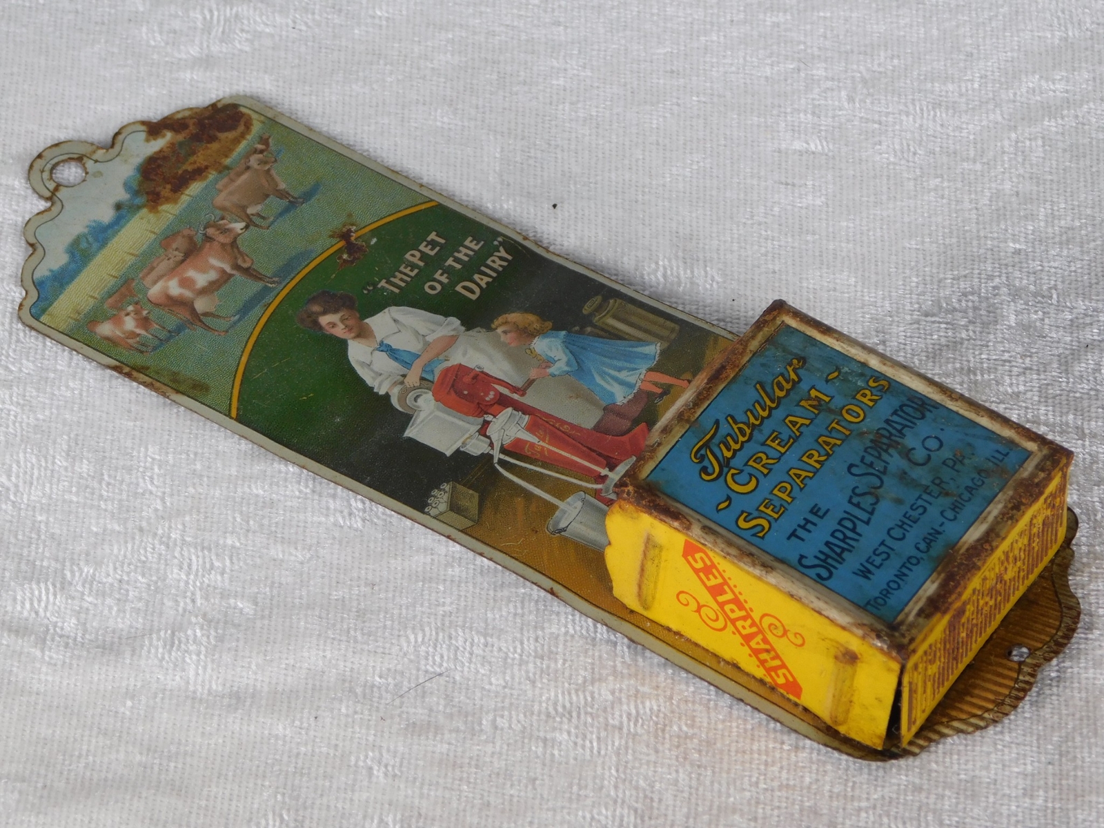Antique Sharples Tubular Cream Separator Cow Litho Tin Sign Match Holder Safe