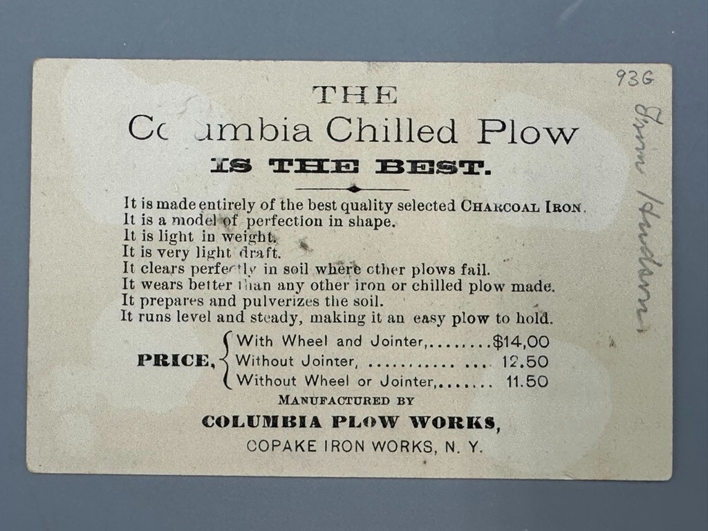 1880s COLUMBIA CHILLED PLOW Monkey FARM Advertise Trade Card COPAKE IRON WORK NY