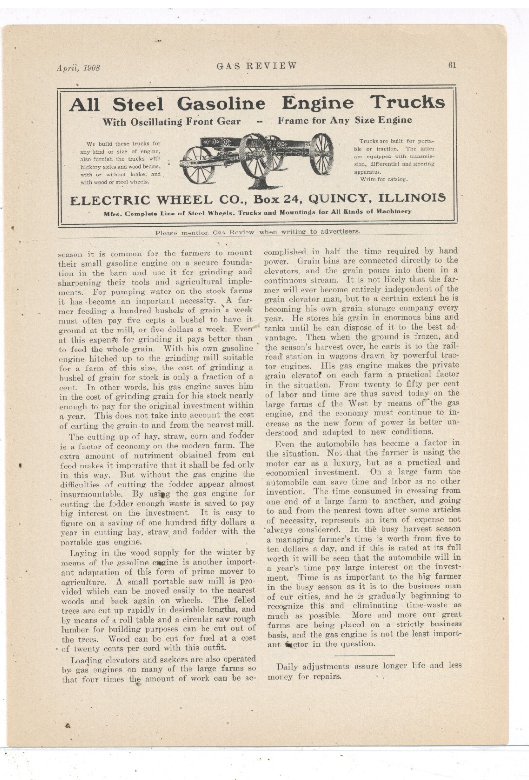1908 Electric Wheel Co. Ad: Gasoline Engine Trucks – Quincy, Illinois