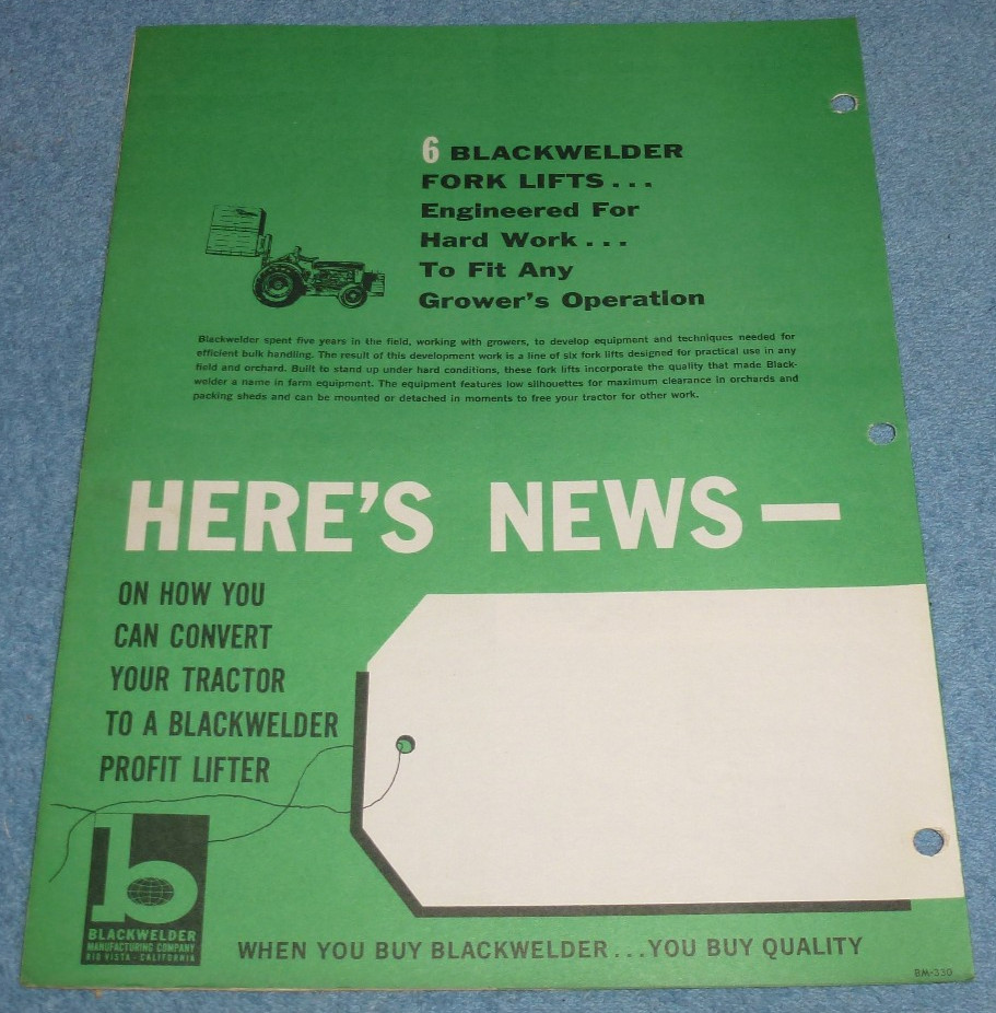 Vintage 1960s Blackwelder Mfg Co Fork Lifts 6 Models Farm Equipment Brochure