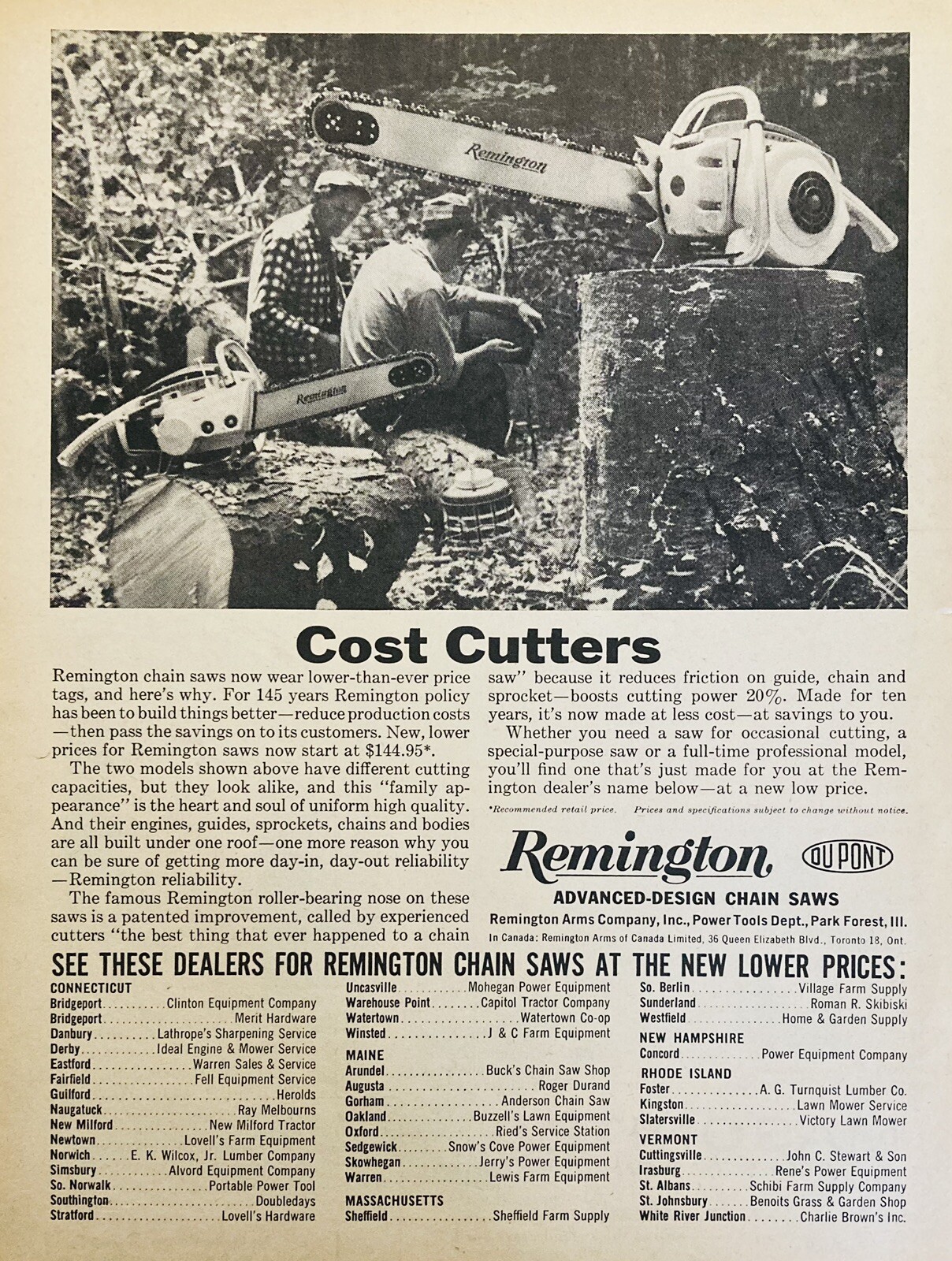 1961 AD.(XH76)~REMINGTON ARMS CO. REMINGTON ADVANCED DESIGN CHAIN SAWS