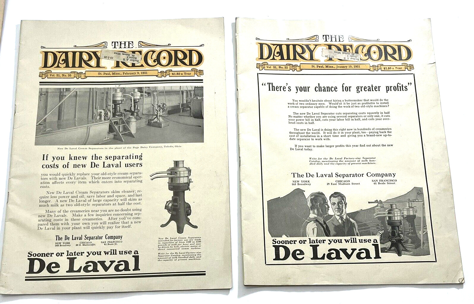 De Laval Dairy Record Farm Magazine Separator St. Paul MN Advertising 1921 LOT 2