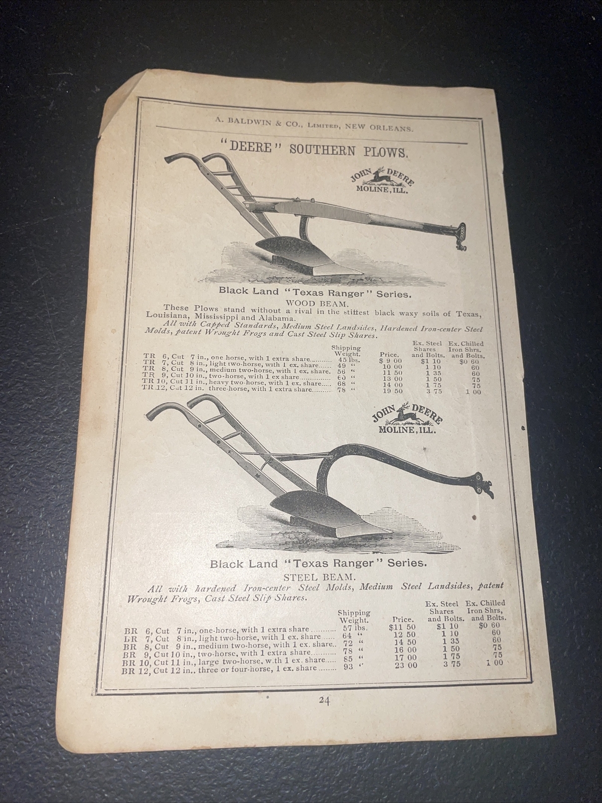1891 Baldwin John Deere Texas Ranger Series Plow Farm Advertising – New Orleans