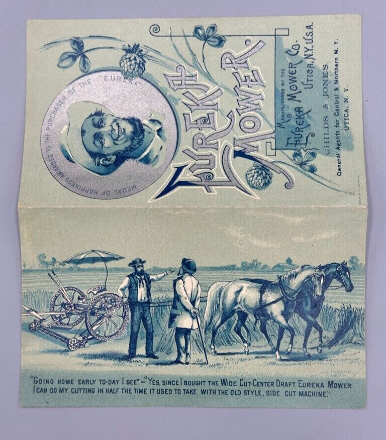 1890s EUREKA MOWER Victorian FARM Advertising Folding Trade Card UTICA NY