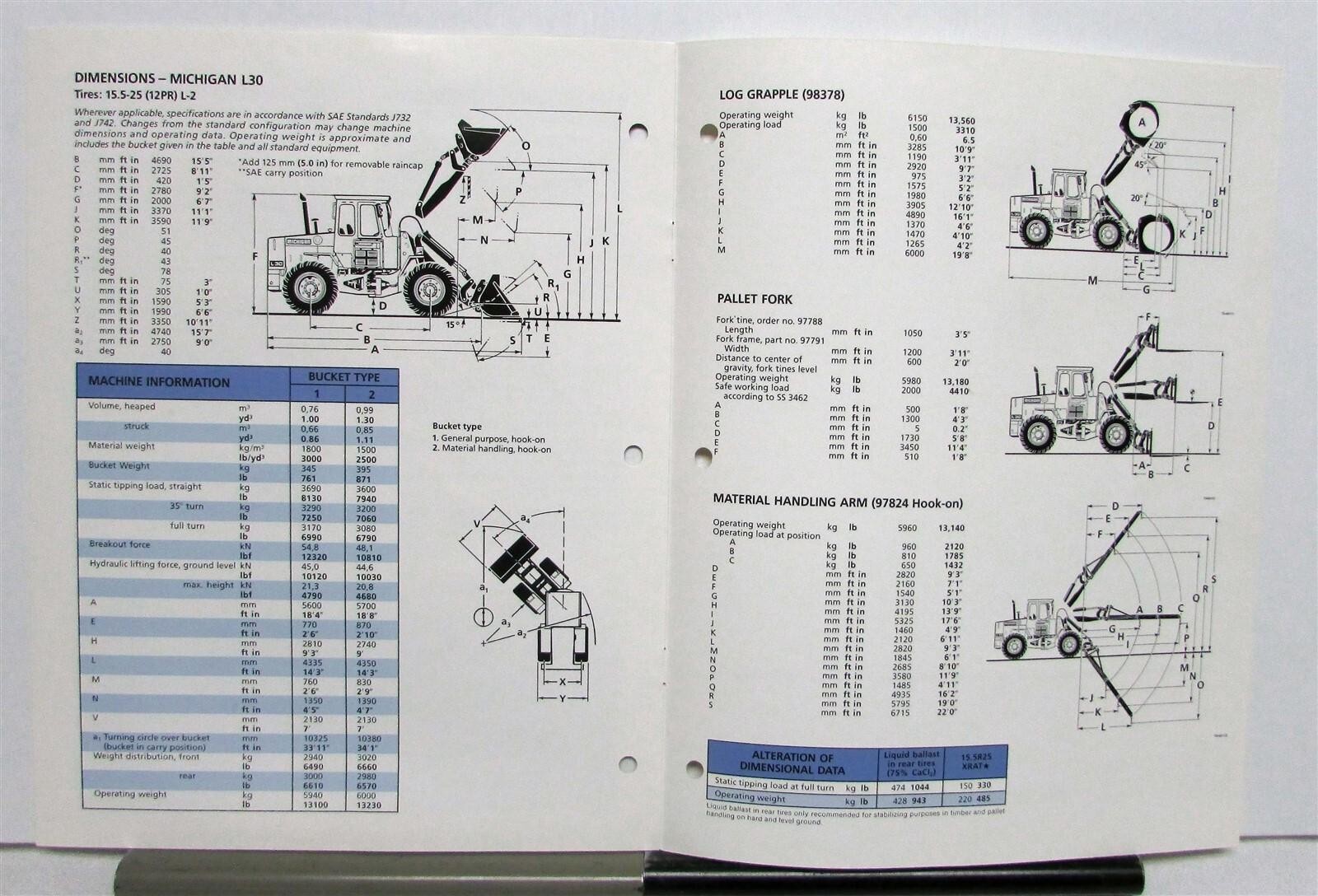 1989 Michigan L30 Wheel Loader Specifications Construction Sales Brochure