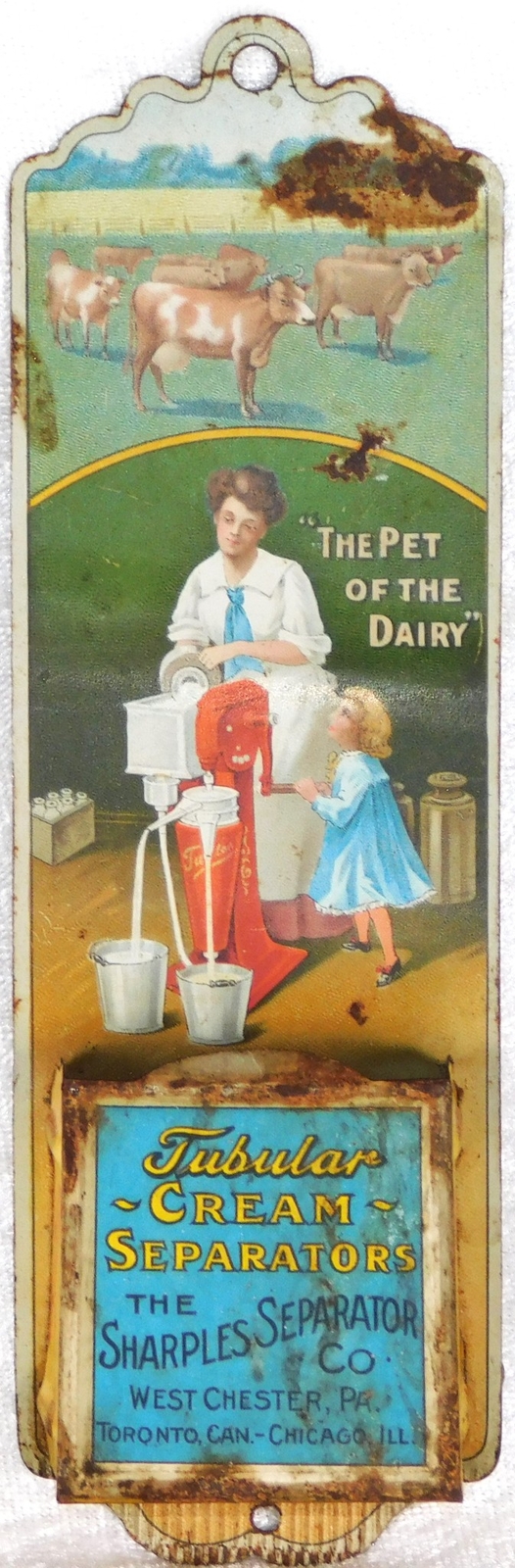 Antique Sharples Tubular Cream Separator Cow Litho Tin Sign Match Holder Safe