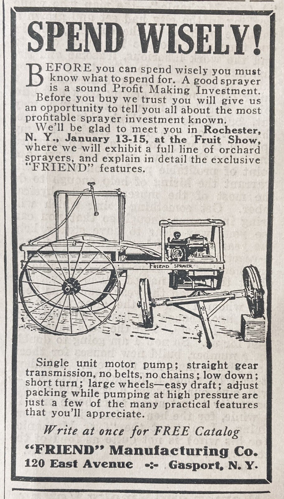 1926 AD.(XH5)~”FRIEND” MFG. CO. GASPORT, NY. ORCHARD MACHINERY AT ROCHESTER SHOW