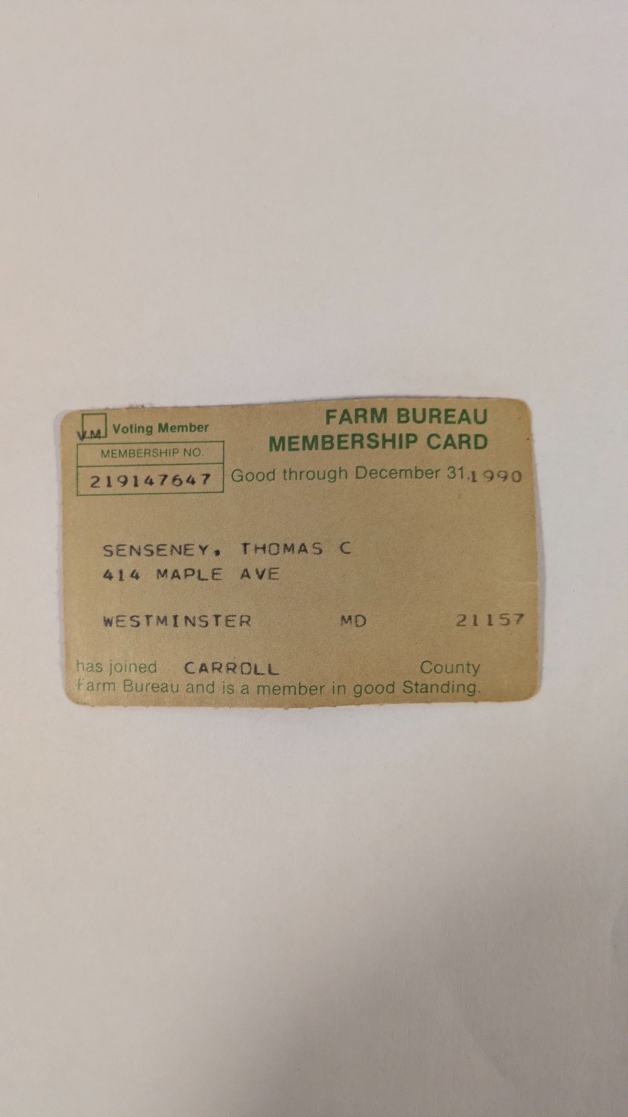 Carroll County MD Farm Bureau Membership Card