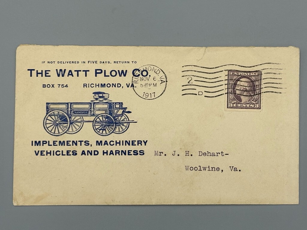 1917 JOHN DEERE Postal Cover HANOVER WAGON Farm Advertise WATT PLOW Richmond VA
