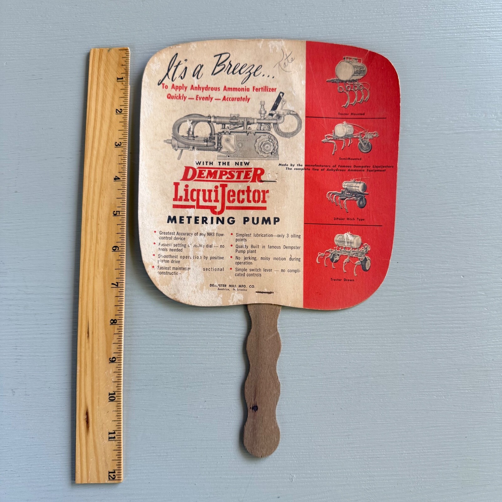 Vintage Dempster LiquiJector Metering Pump Hand Fan Advertising Beatrice NE