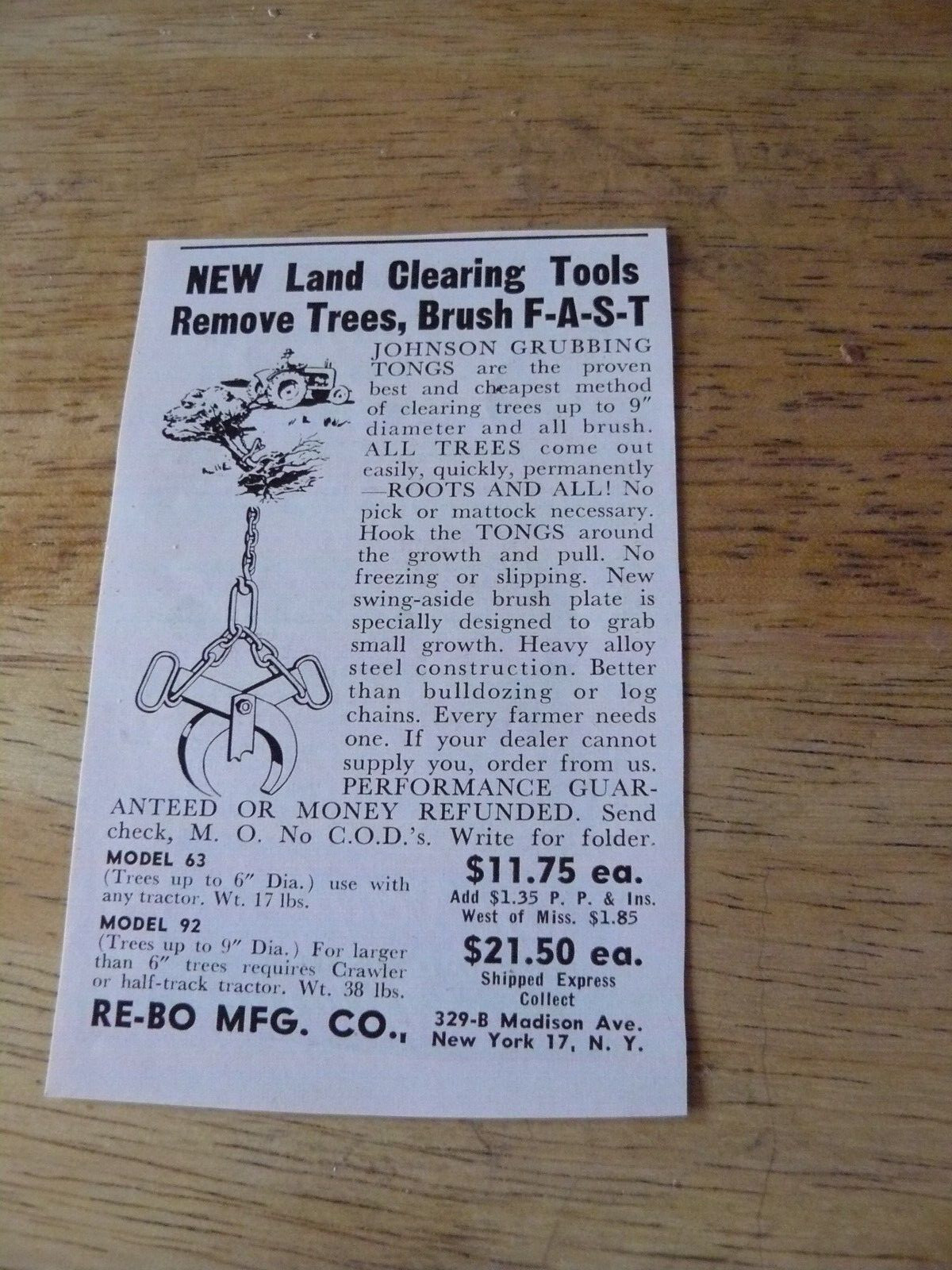 The Farm QRTLY -ADS -Spring 1957- LAND CLEARING TOOL- RE-BO MFG. / New York, NY
