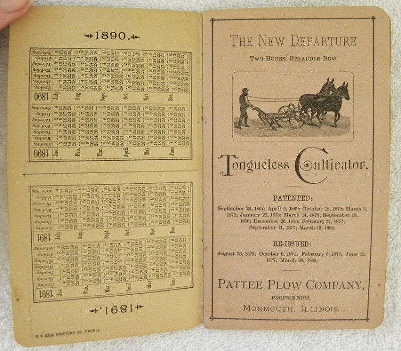 1890 New Departure Two Horse Cultivator, Pattee Plow Co., Monmouth IL Booklet