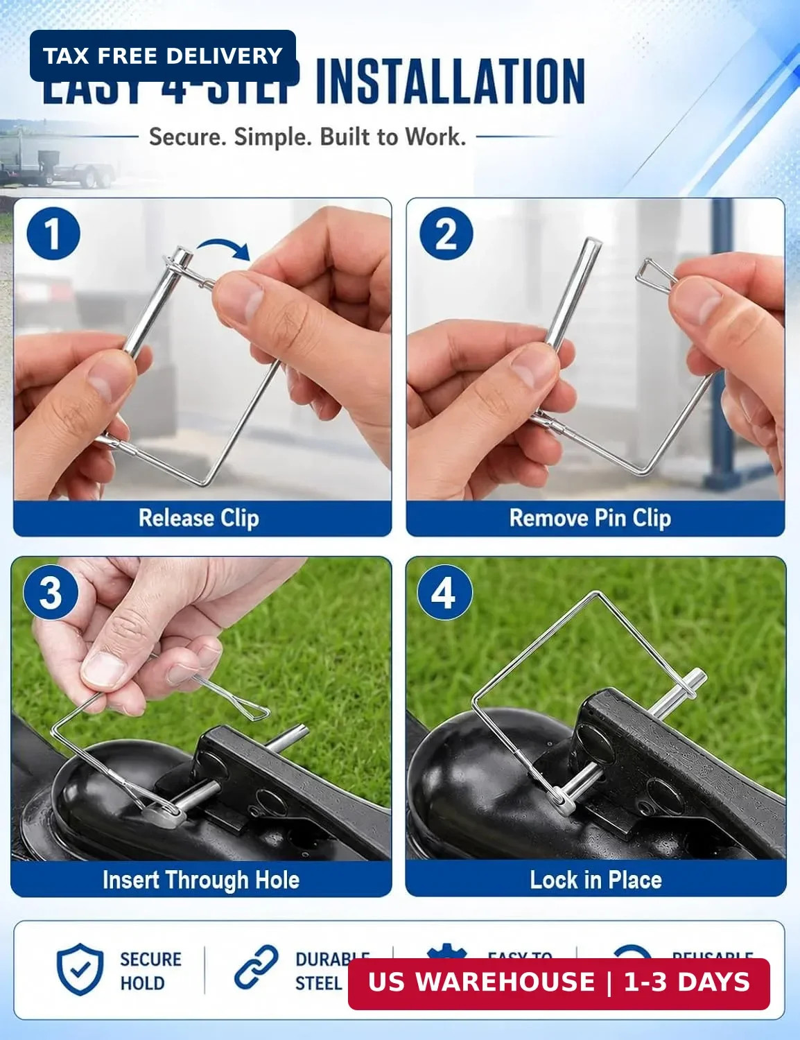 5 Pack Square Trailer Pin 1/4 inch x 2-3/4 inch, Heavy Duty Shaft Locking Pin