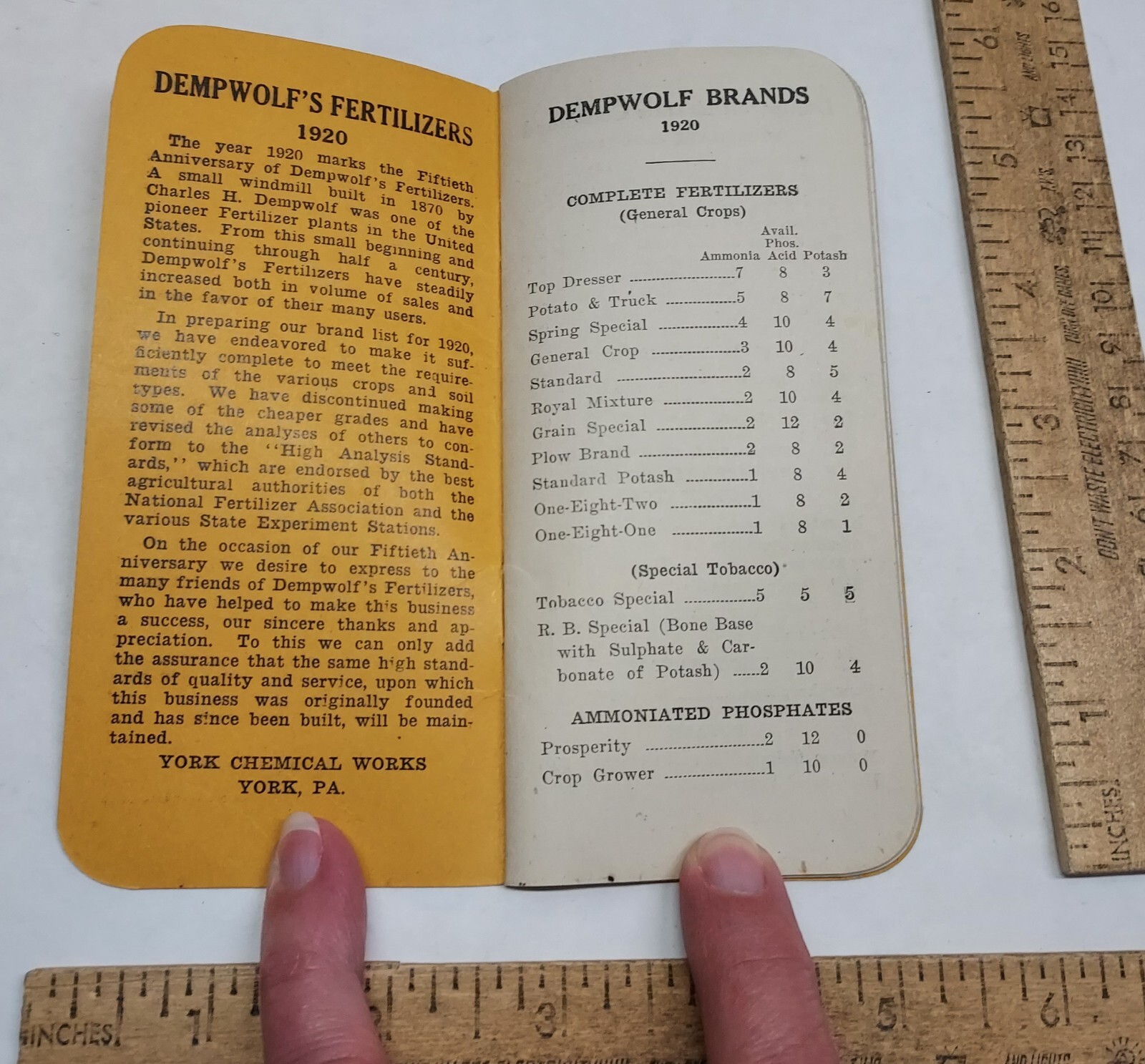 1920 DEMPWOLF&rsquo;S FERTILIZERS – York Chemical Works – BOOKLET – listing #5149