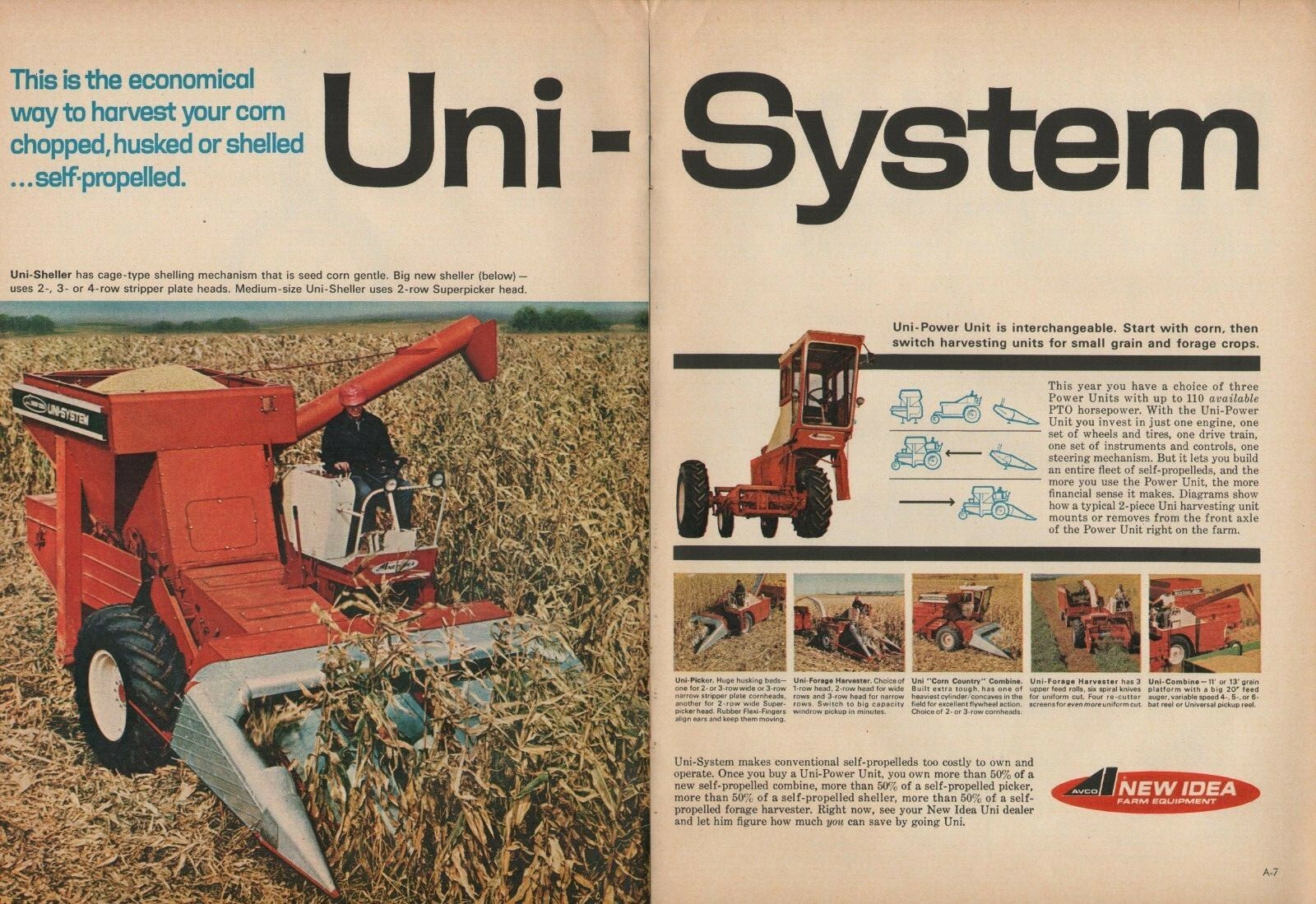1967 2pg Print Ad New Idea Uni-System Combine Uni-Sheller Uni-Power Unit Tractor