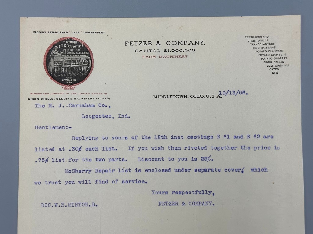 1906 FETZER FARM MACHINERY Advertising Letter MIDDLETOWN Ohio Antique
