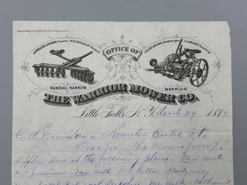 1879 WARRIOR MOWER Co Randall Harrow FARM Advertising Letterhead LITTLE FALLS NY