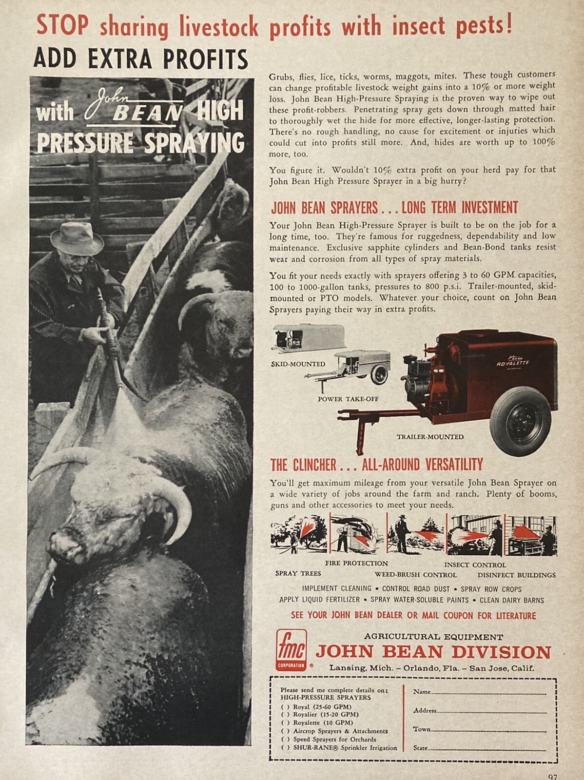 1962 AD.(XH20)~FMC JOHN BEAN DIV., LANSING, MI. JOHN BEAN HIGH PRESSURE SPRAYERS