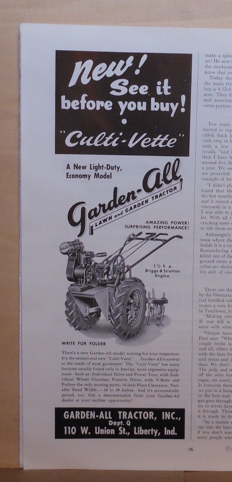 1948 magazine ad for Garden All Tractor Culti-Vete – light duty economy model