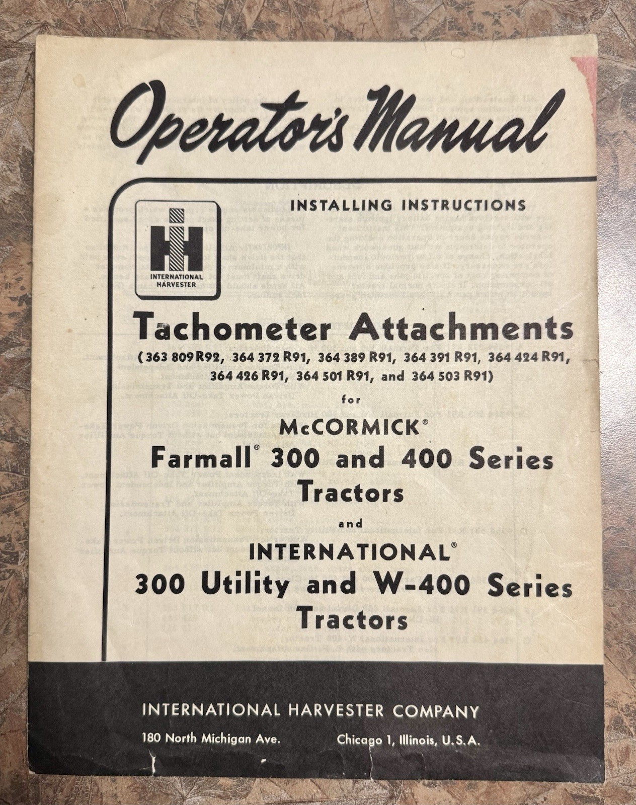 International Harvester Tach Attachment for 300 400 Tractor Operator Manual