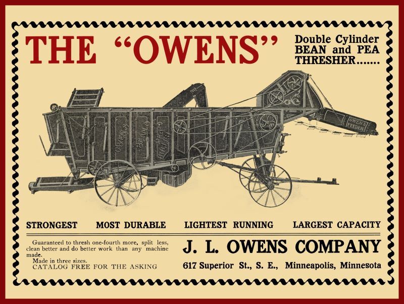 1905 J.L. Owens Co. NEW Metal Sign: Bean & Pea Thresher – Minneapolis, Minnesota