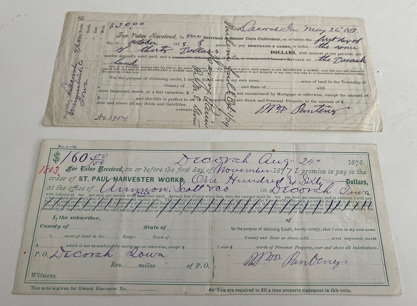 1877 & 1879 Notes Bertrand & Sames Cultivator & Elward Harvester, Decorah, Iowa