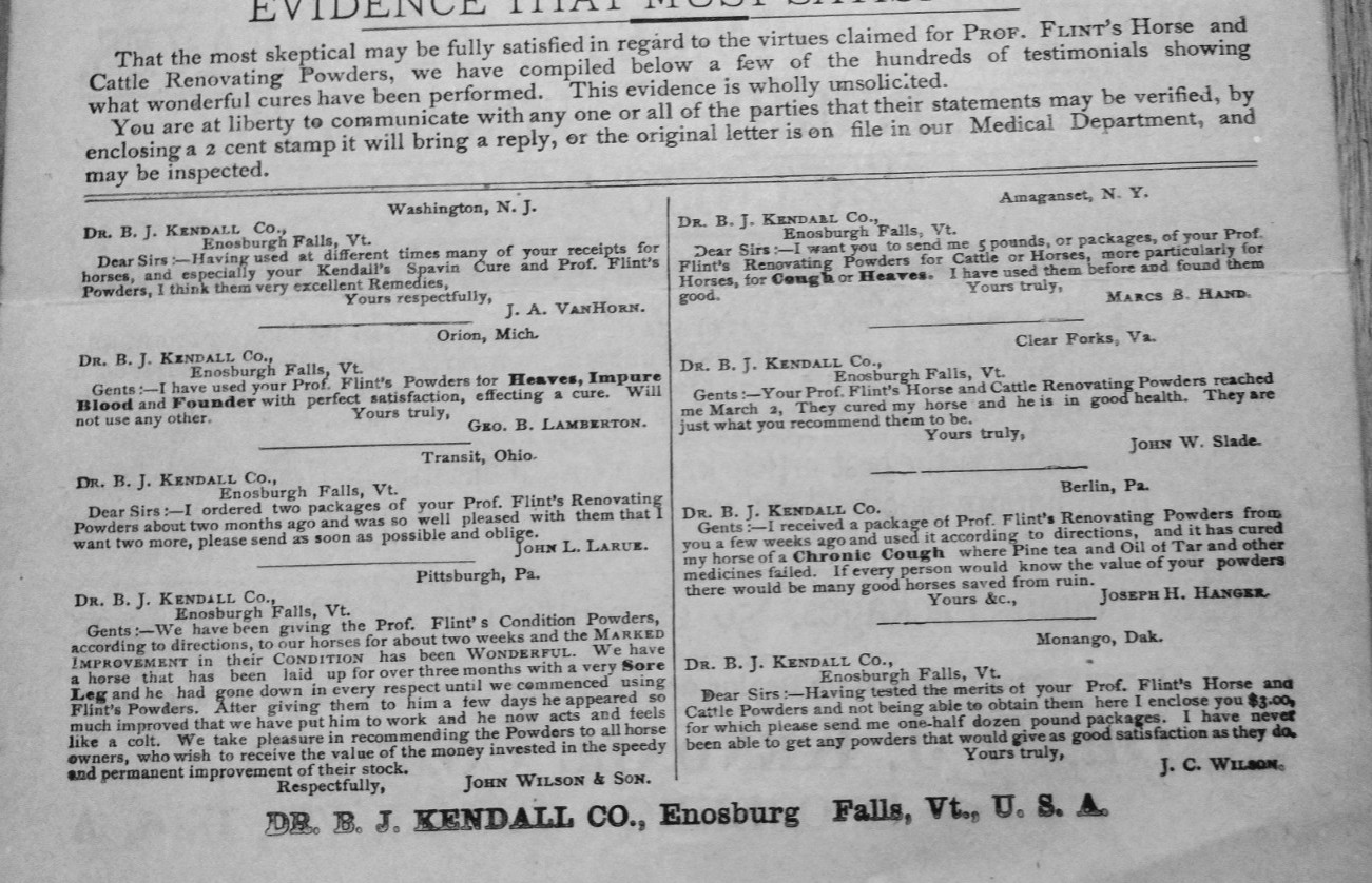 1893 Prof. Flint&rsquo;s Horse and Cattle Powders 2 Sided Ad Enosburg Falls, VT