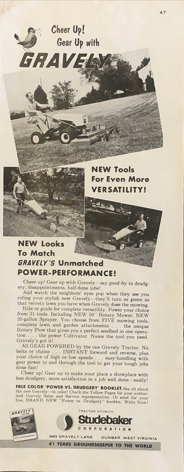 1963 Gravely Lawn Tractor Mower VTG 1960s 60s PRINT AD Studebaker Cheer Gear Up!