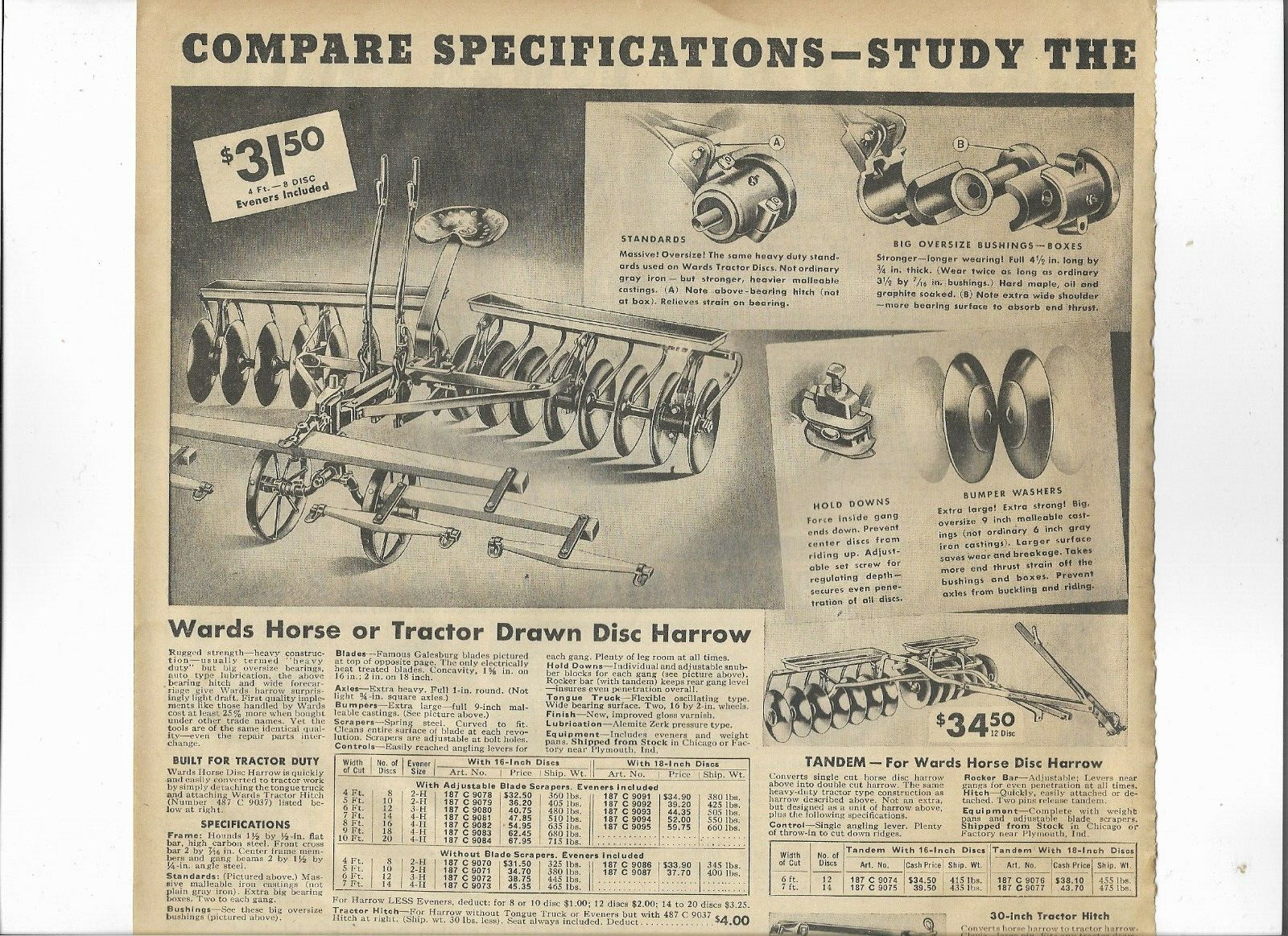 1938 Wards Catalog Ad Page Farm Tractor 3 & 5 H.P. Engine Plow Mower Disc Ford