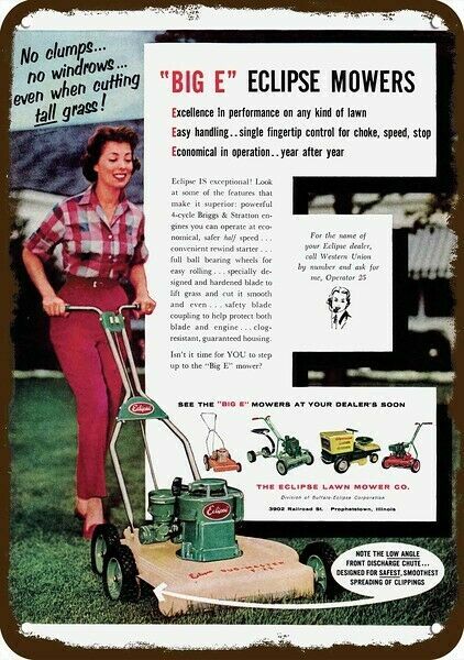 1959 Woman Mows Lawn w/ ECLIPSE Mower Vintage-Look DECORATIVE REPLICA METAL SIGN