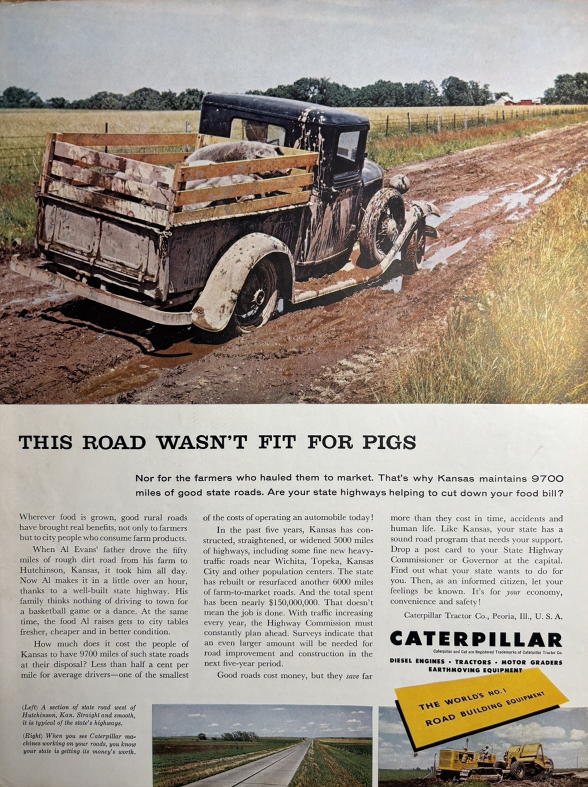 1955 Caterpillar Tractor Co Peoria Il Diesel Engines Road Pigs Vintage Print Ad