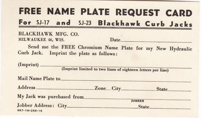 Vintage Farm Equipment Brochure Blackhawk Hydraulic Hand Jack – all paperwork