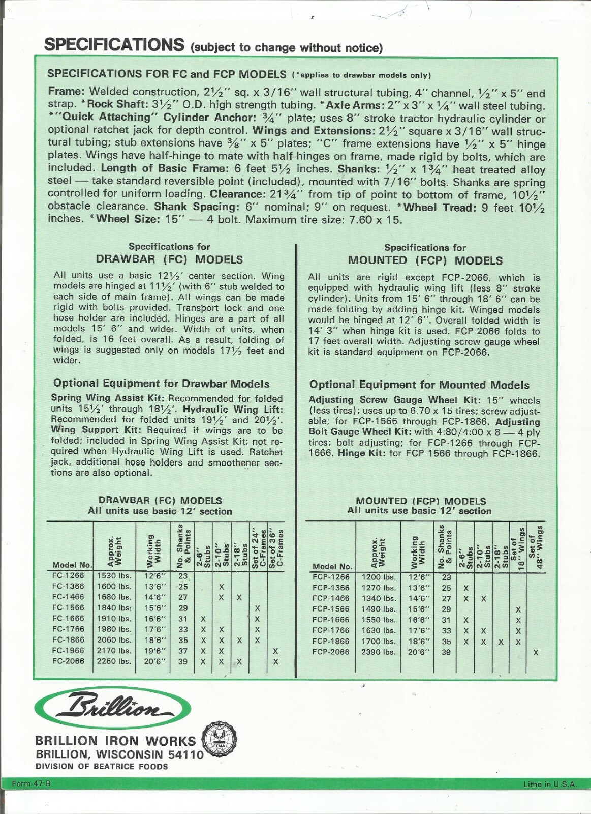 Original Brillion FC and FCP Series Field Cultivators Sales Brochure Form # 47-B