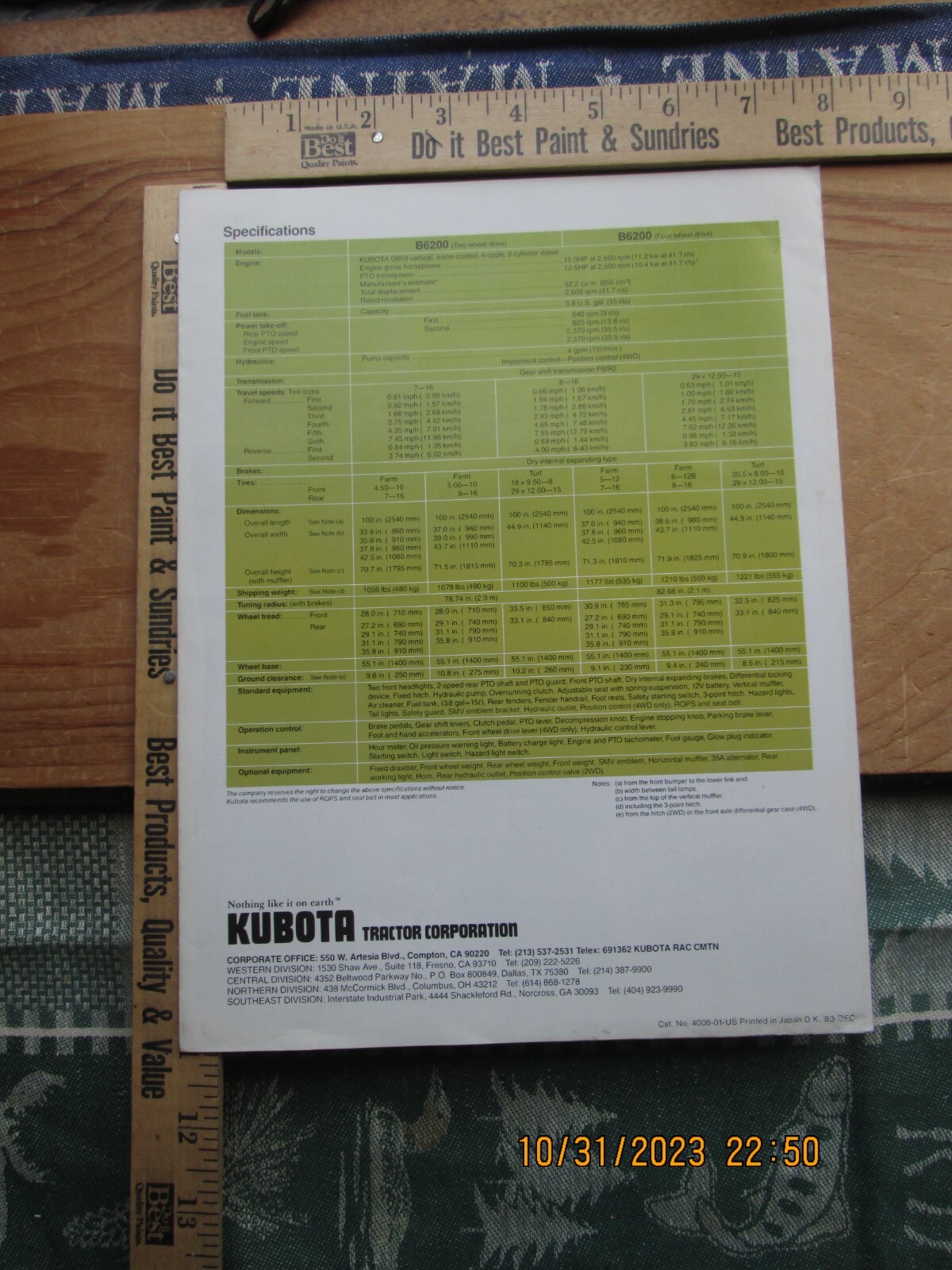 kubota diesel tractor 2WD 4WD b6200 brochure 1983
