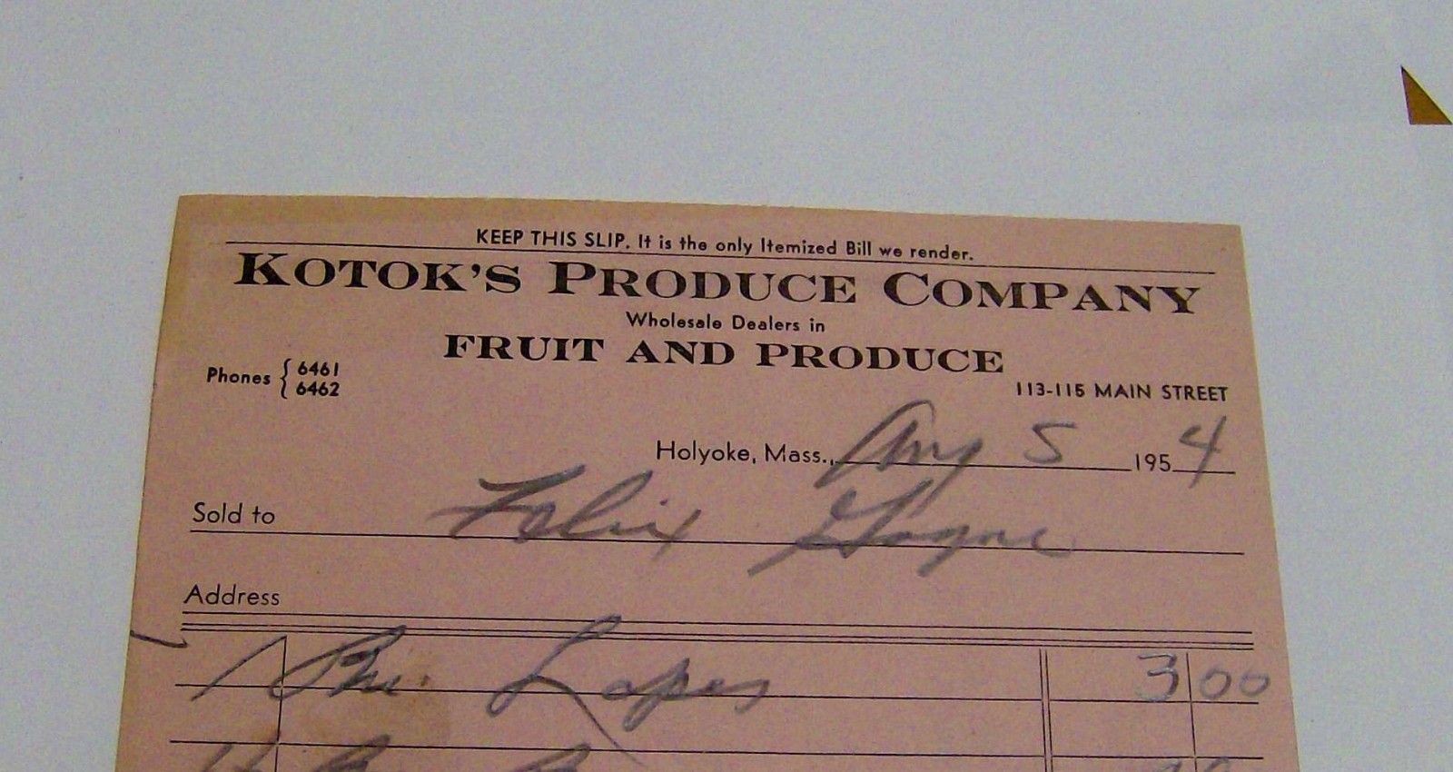 vintage 1954 KOTOK&rsquo;S PRODUCE COMPANY receipt HOLYOKE MASSACHUSETTS fruit farm