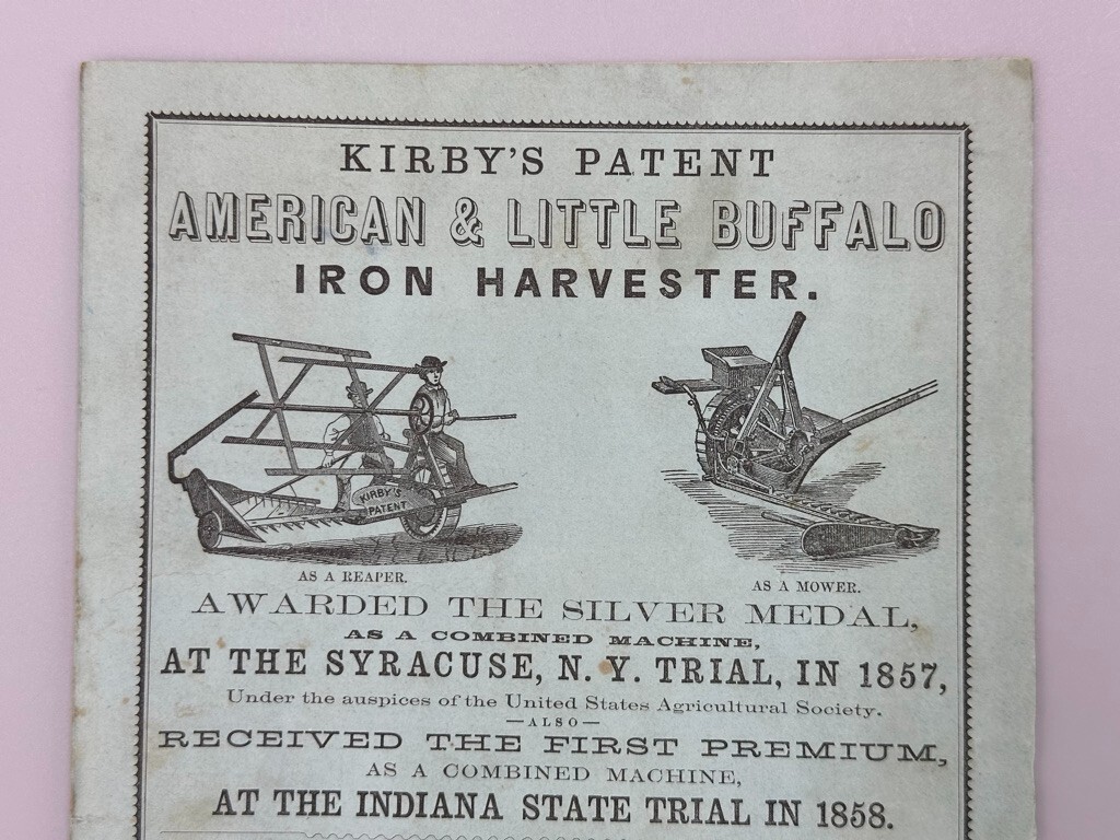 1859 KIRBY American Little Buffalo IRON HARVESTER Farm Advertising ST LOUIS